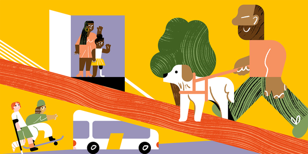 Illustratie van een man met blindengeleidehond, een persoon met been in een gipsverband, iemand op een skatebord, twee personen wuiven in een deuropening.